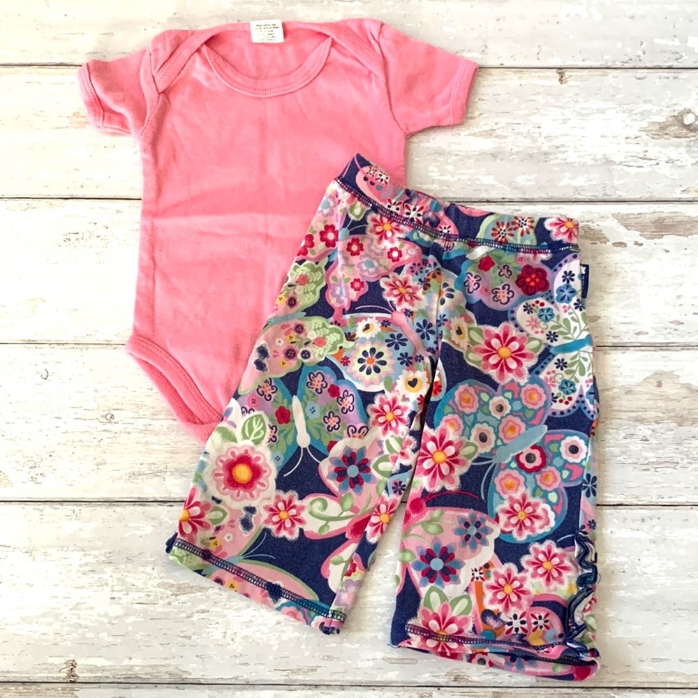 The Children’s Place 6-9m Baby Girl Outfit Flare Floral Blue Pants Pink Onesie